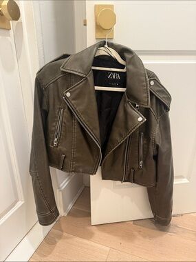 ZARA Cropped Olive Faux-Leather Moto Jacket